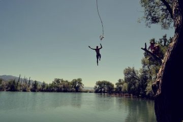 Person letting go of swing in to water.